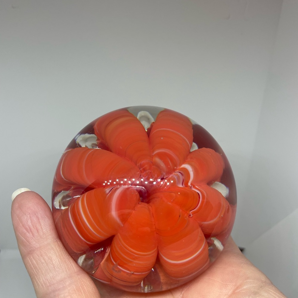 Vintage, Joe’s St Clair 2 x 2.75 art glass, orange crimp round paperweight.